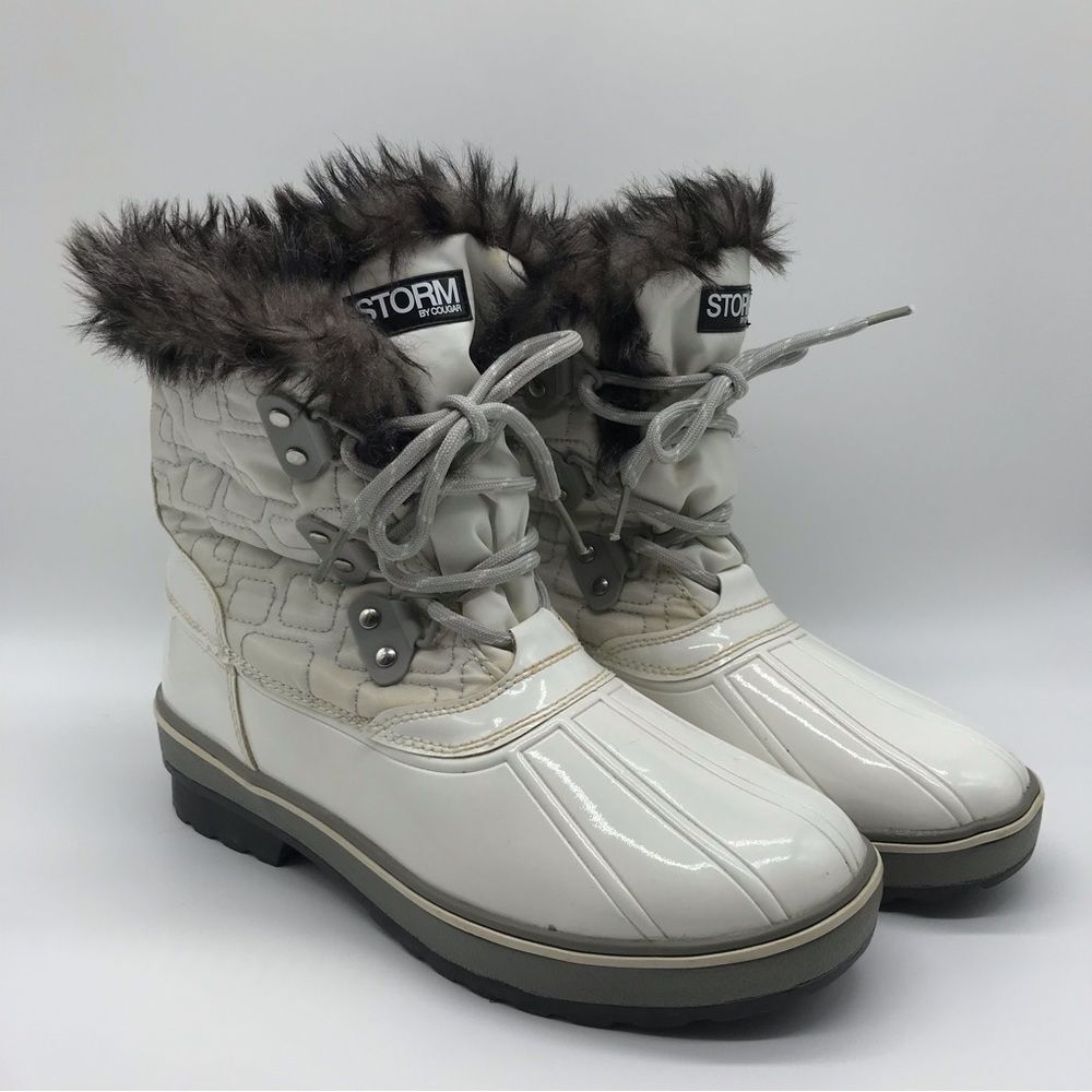 Storm By Cougar Shoes White Boots Sz 10 Womens Lace Up Faux Fur Trip Snow Winter